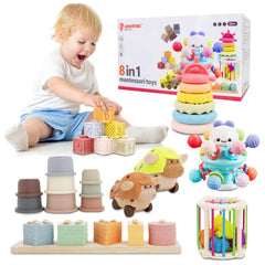 LUCKFUTURE 8in1 Montessori toy set blocks, rings, and cups promote color recognition and fine motor skills.