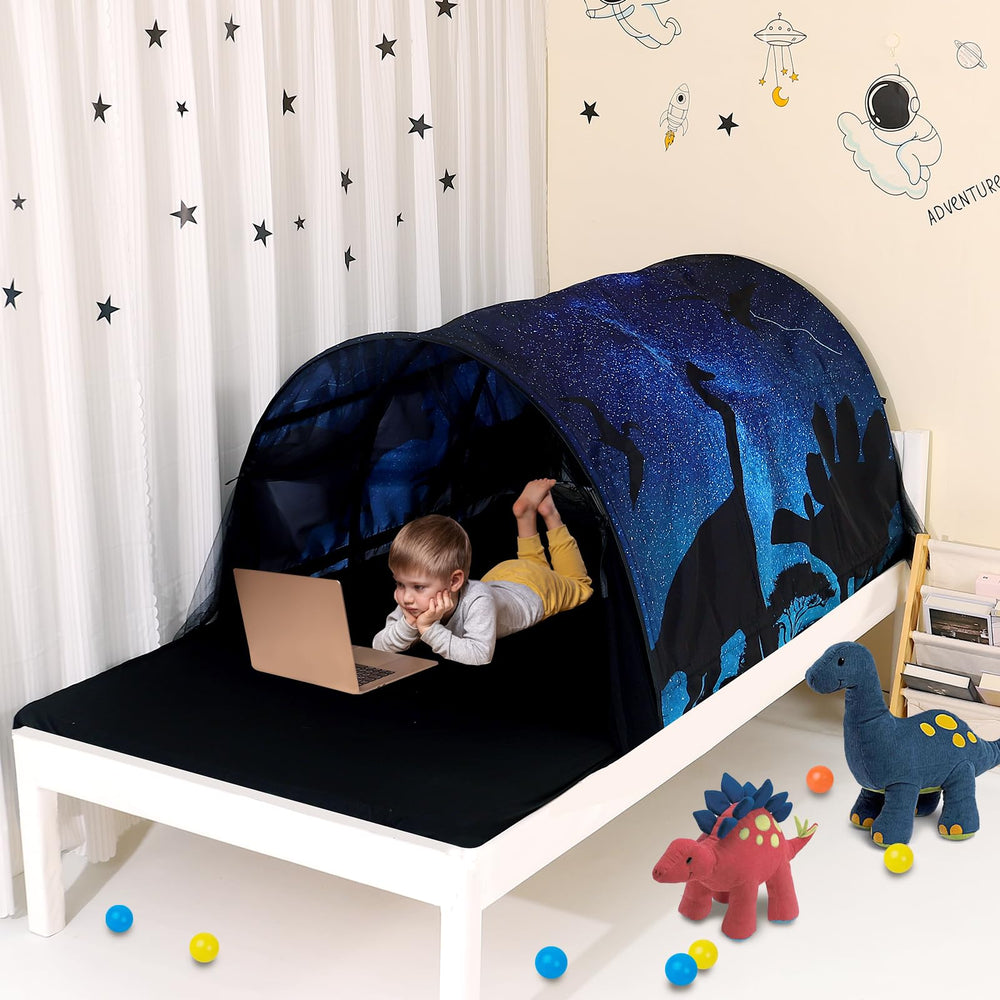 Lucky Castle bed tent front entry with rolled curtains for easy in and out