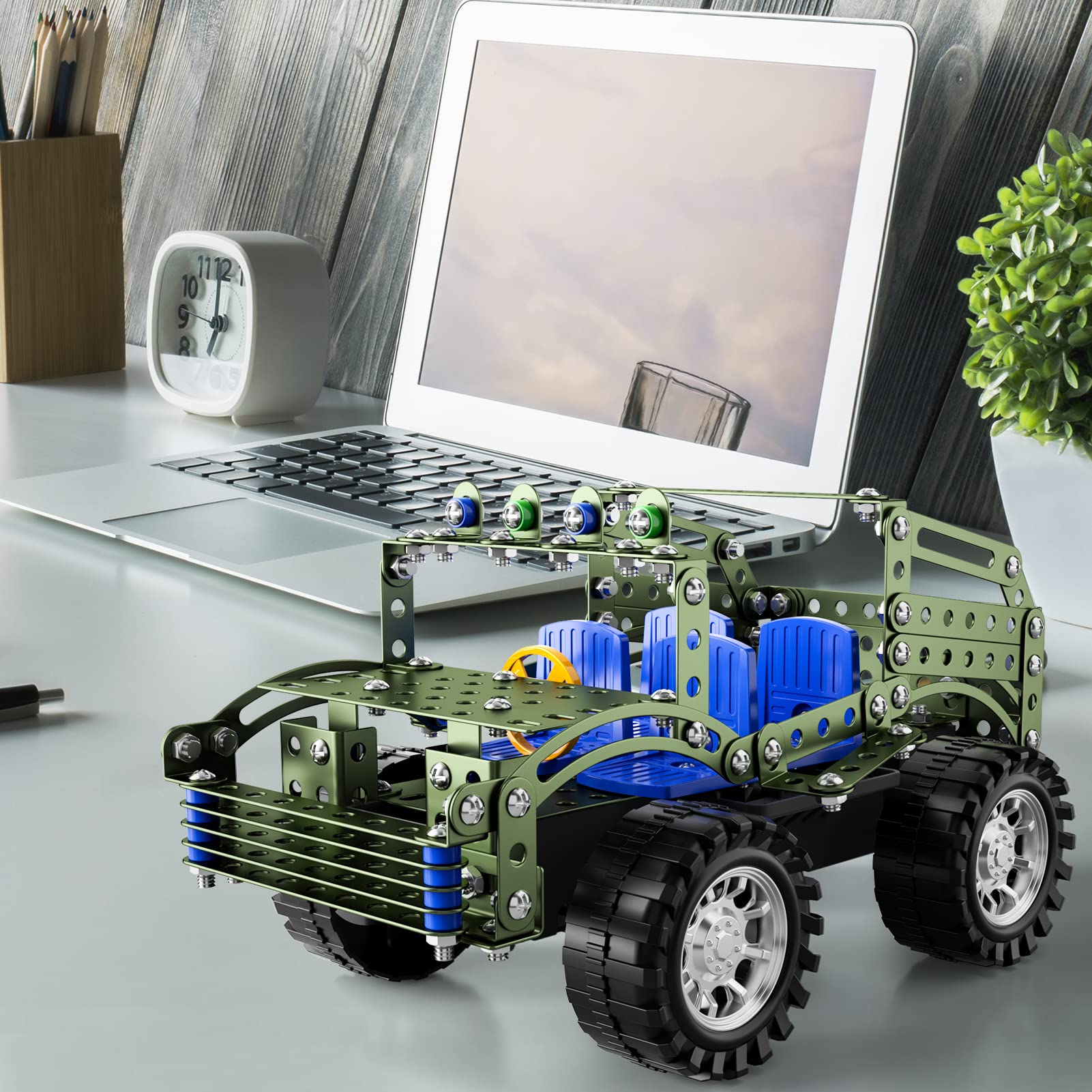 Lucky Doug army green truck body with steering wheel.