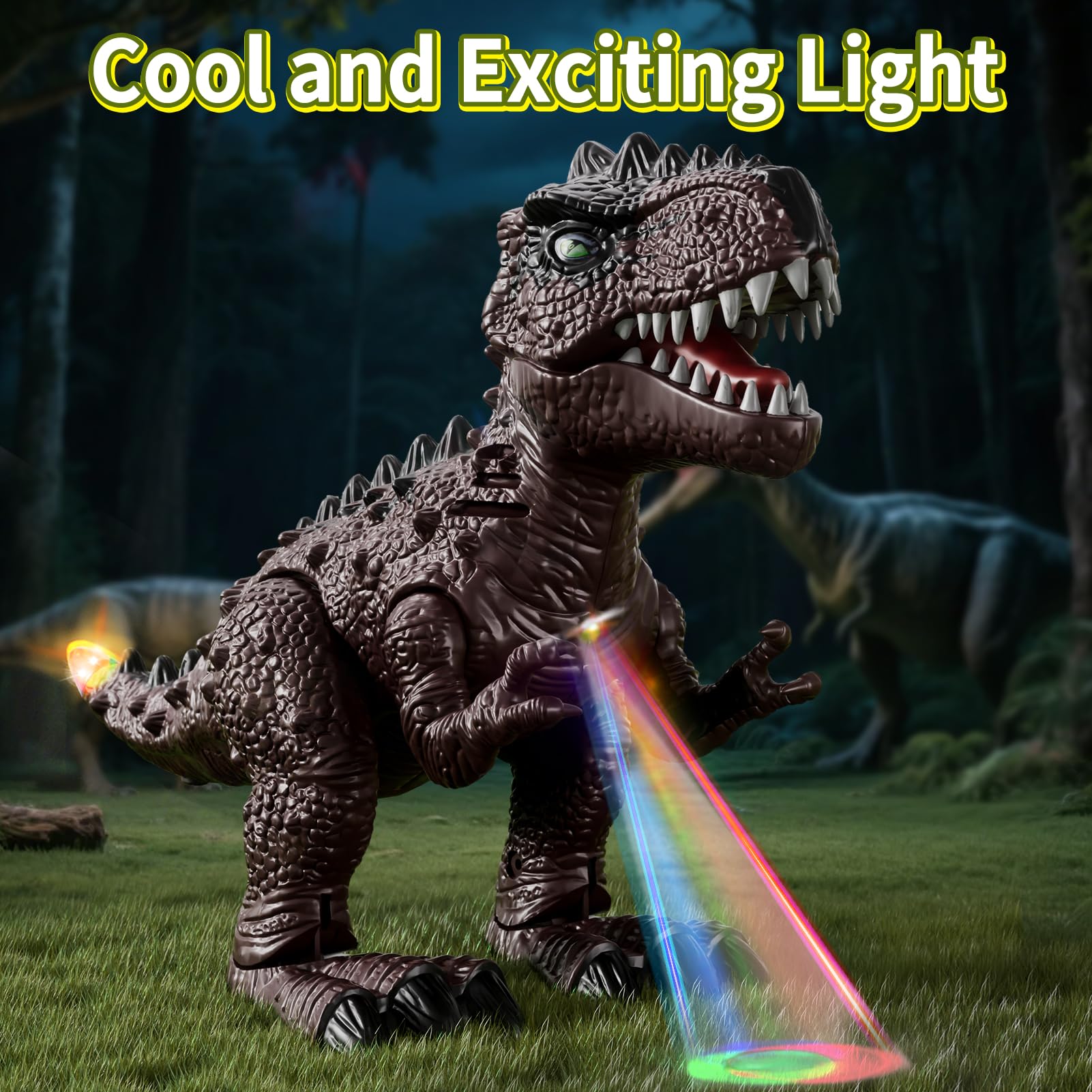 Lucky Doug lights-on dinosaur creates dramatic glow during adventures.