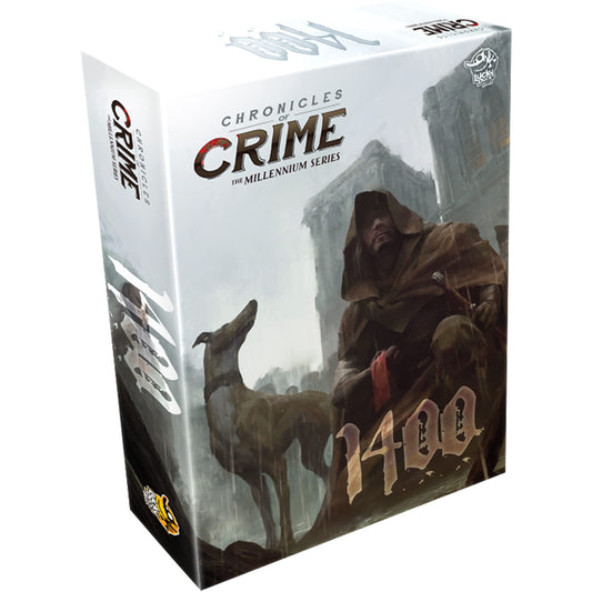 The Lucky Duck Games Chronicles of Crime 1400 box and components ready for setup and play.