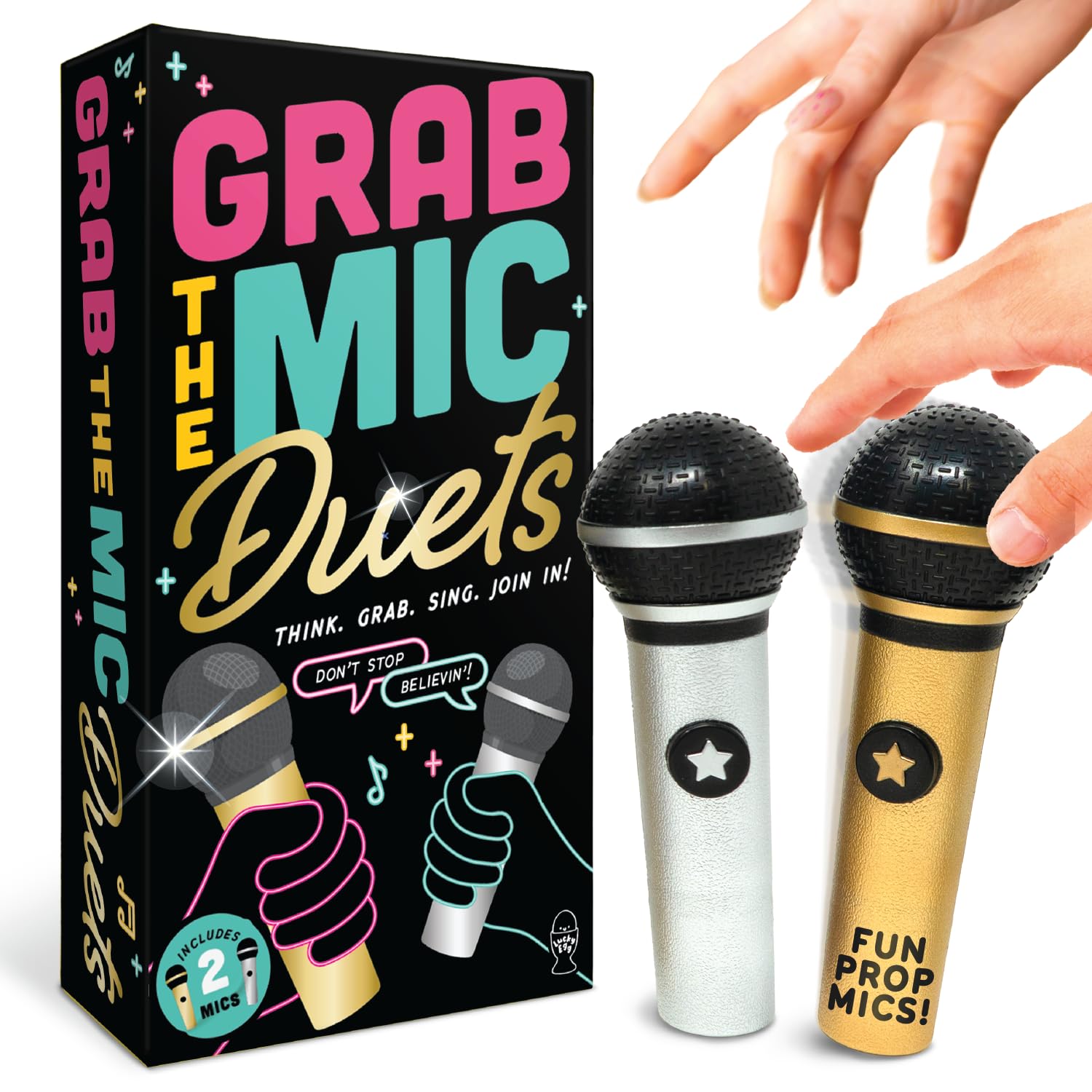 Lucky Egg Grab The Mic Duets box shows a party-ready setup for instant fun.