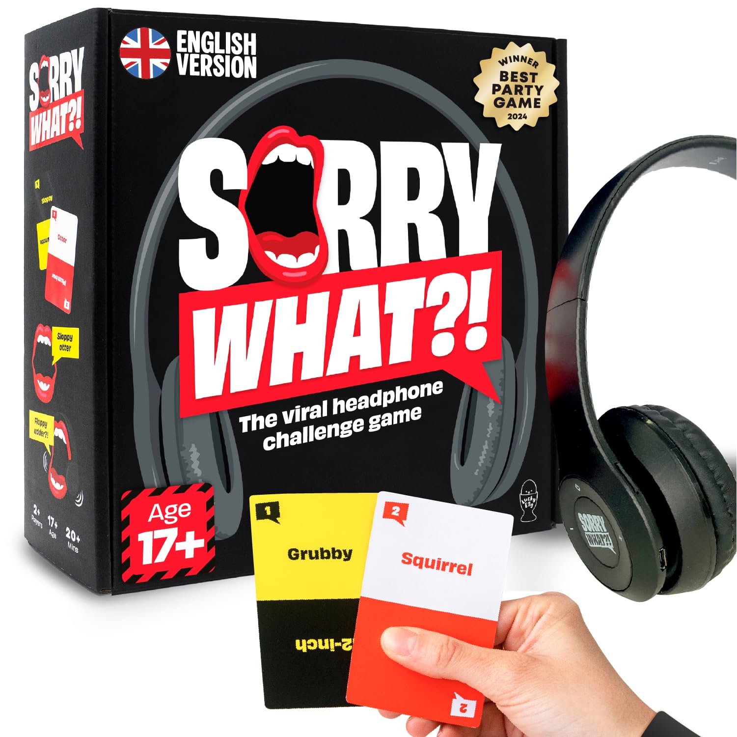 Lucky Egg Sorry What headphones and cards ready for fast-paced lip reading.