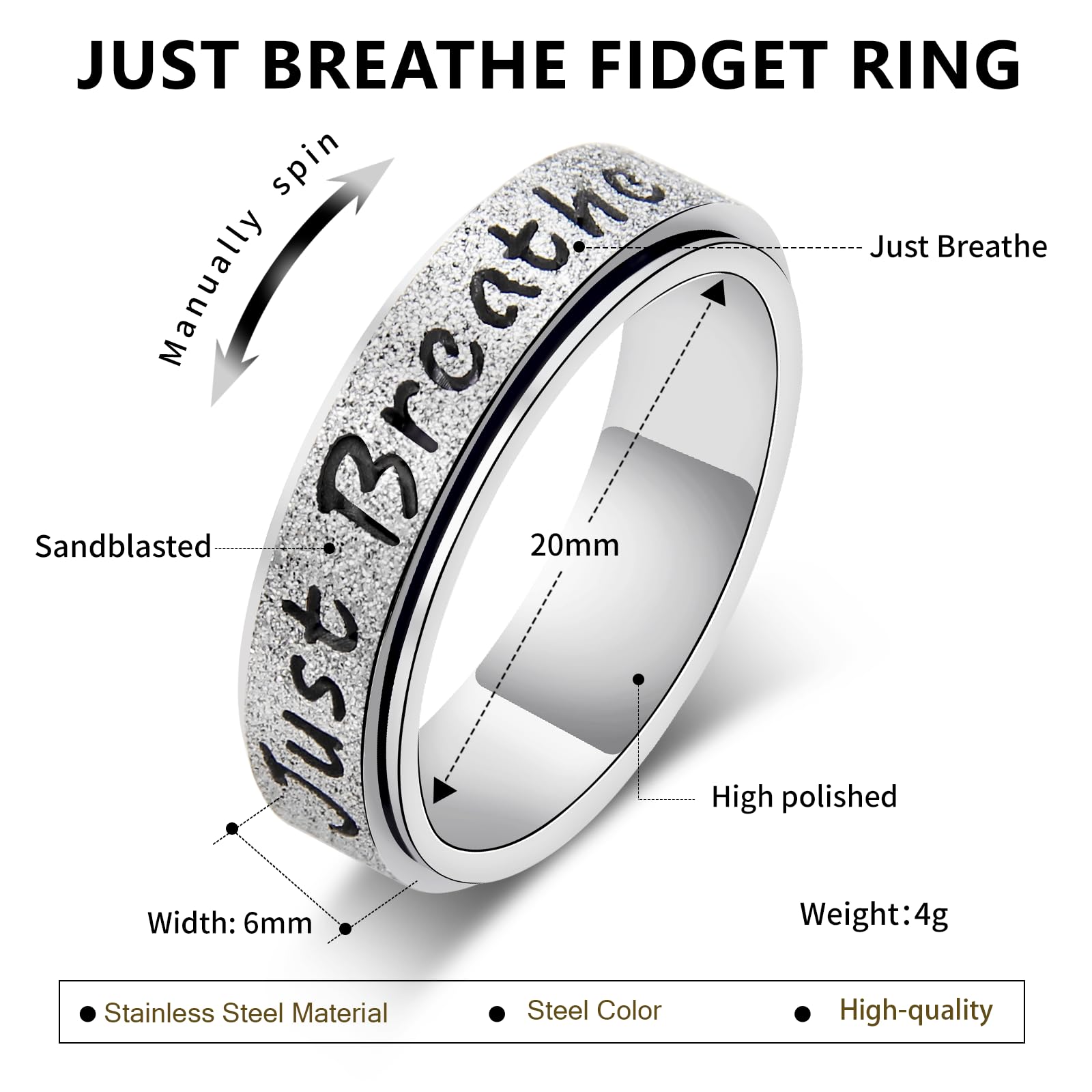 LuckyAmor Just Breathe ring on your finger complements outfits from work to evening.