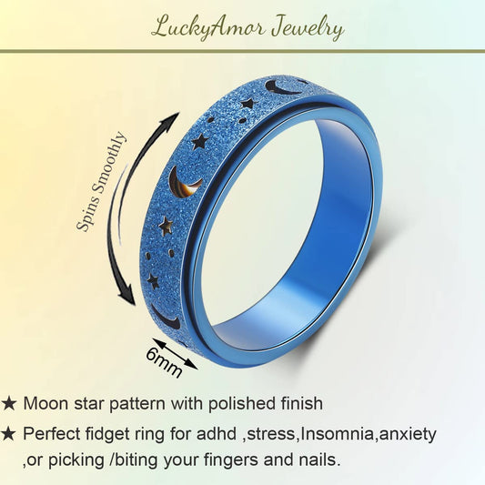 LuckyAmor Moon Star spinner ring side view, durable stainless steel for daily wear.