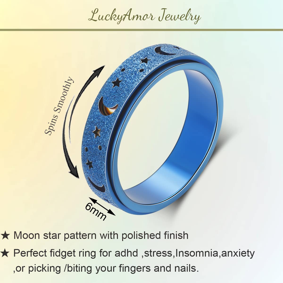 LuckyAmor Moon Star spinner ring side view, durable stainless steel for daily wear.
