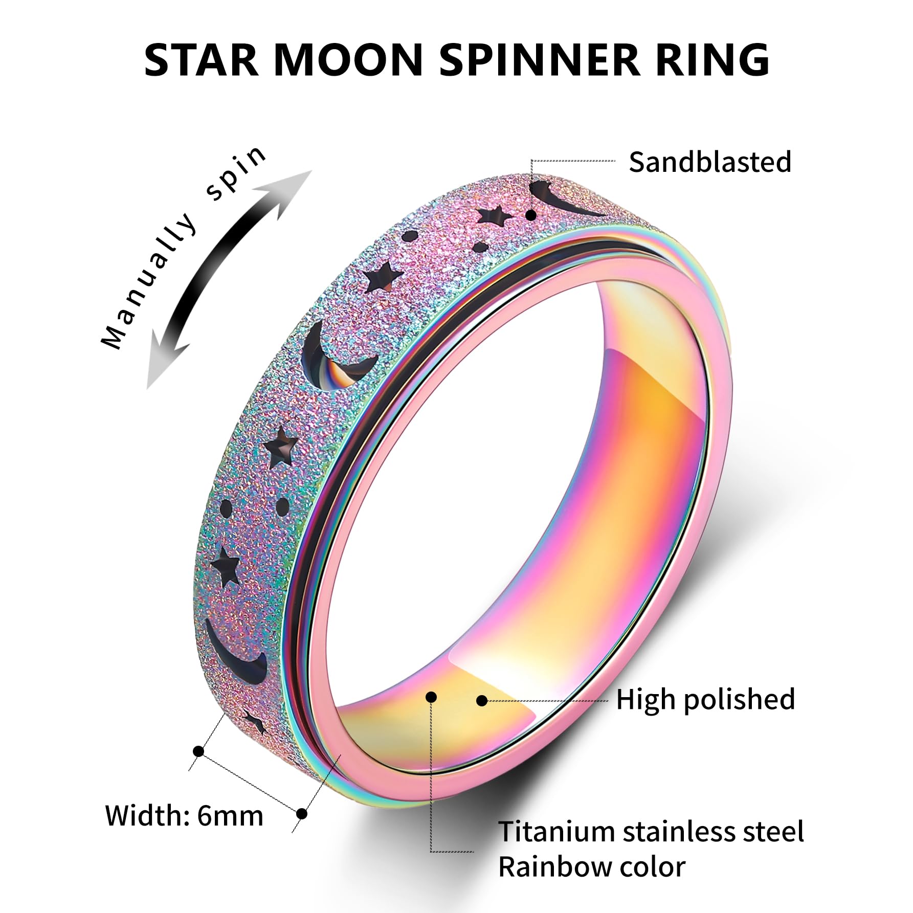 LuckyAmor spinner ring close-up shows a polished stainless steel band and smooth rotation