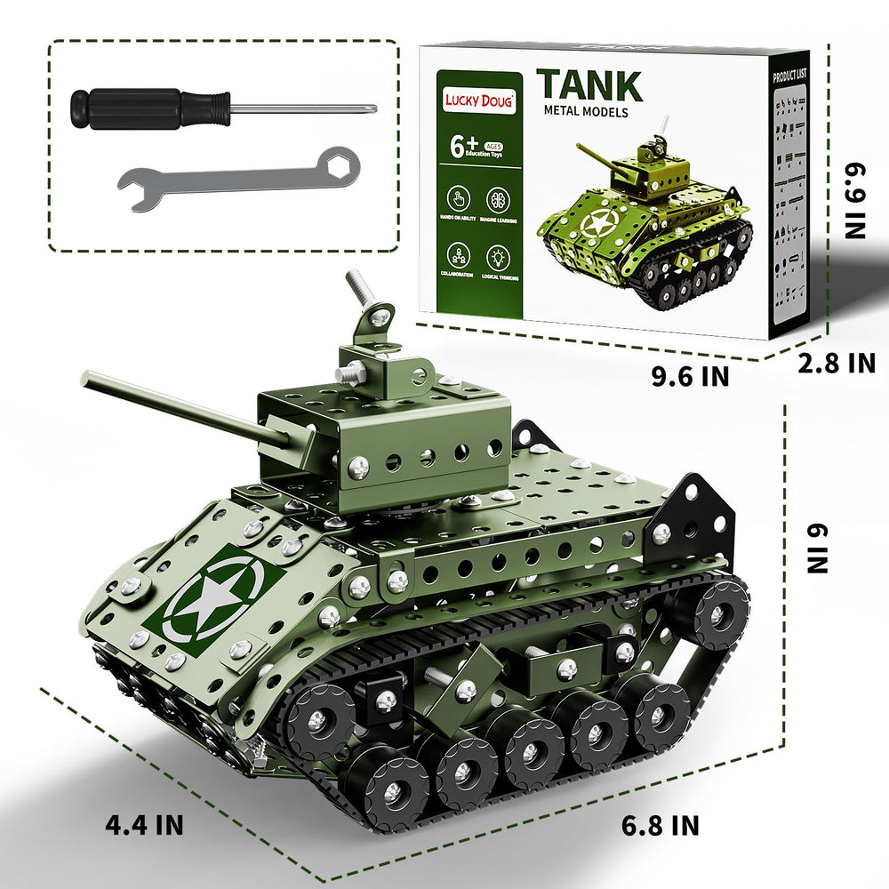 Lucky Doug army tank box includes tools to assist assembly.