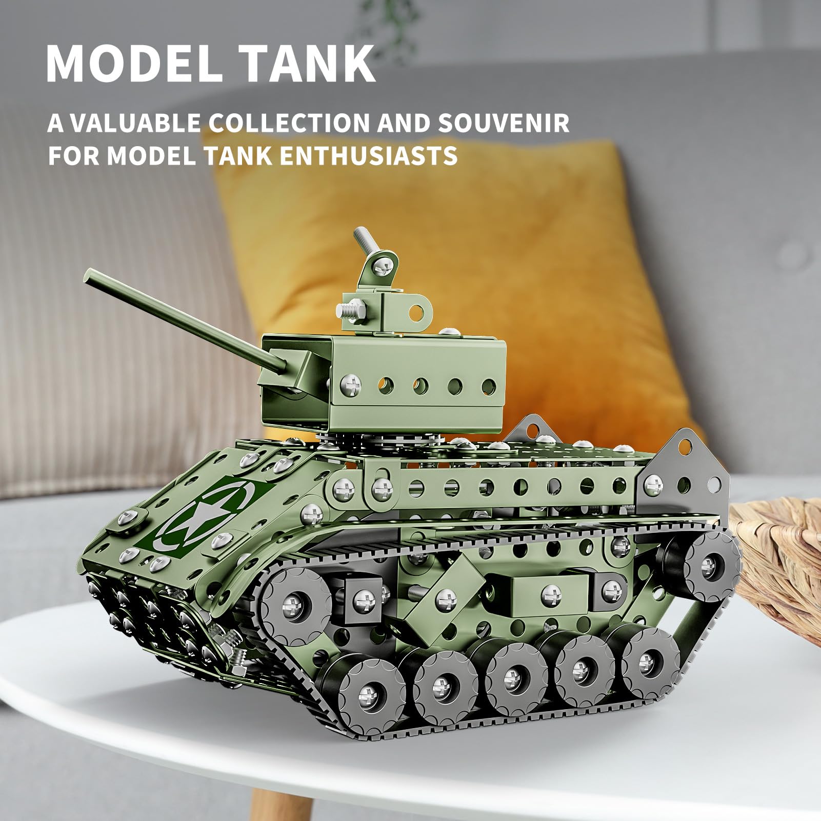 Lucky Doug army tank model side view shows precise assembly and glide wheels.