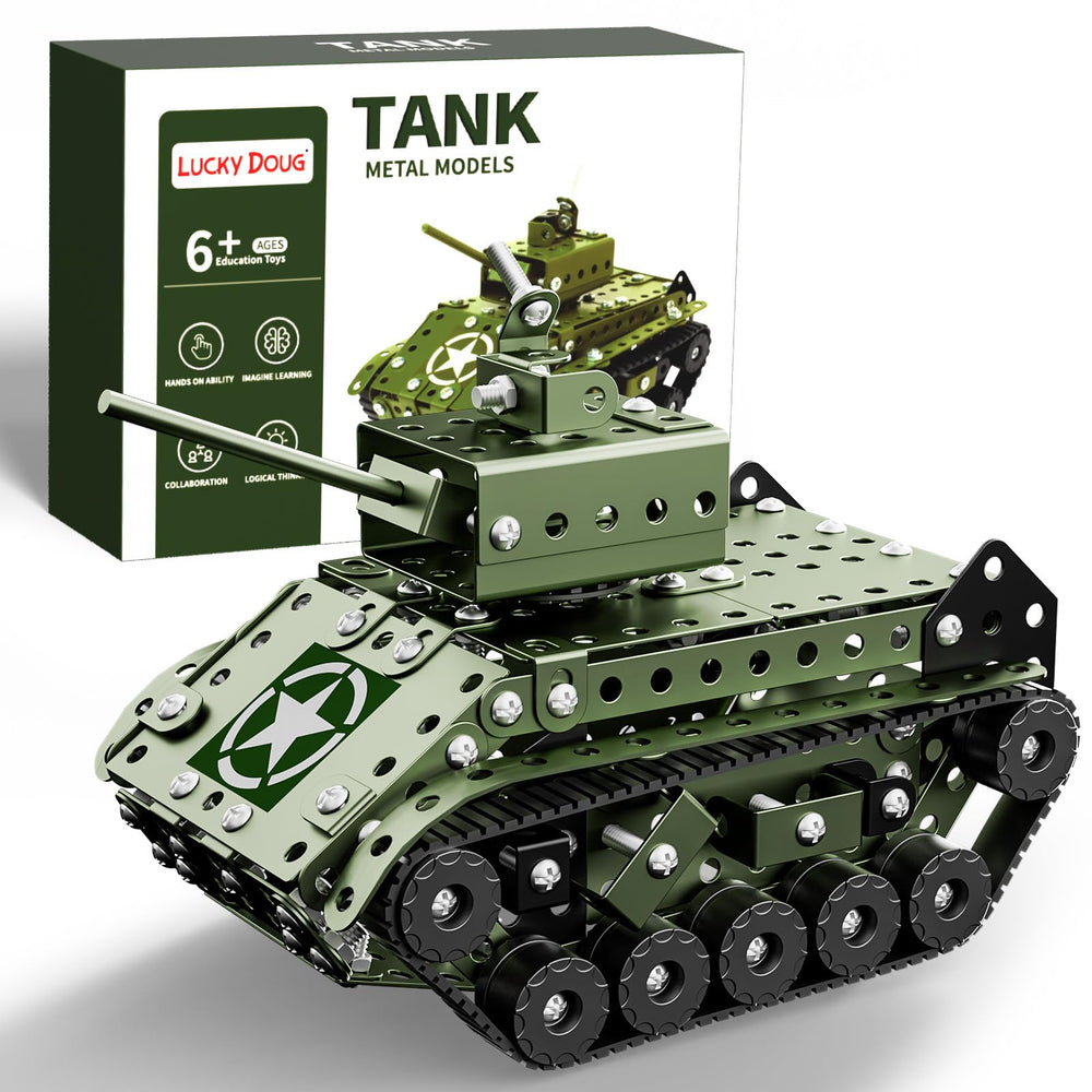 Lucky Doug army tank model top view highlights durable metal parts for hands-on STEM learning.