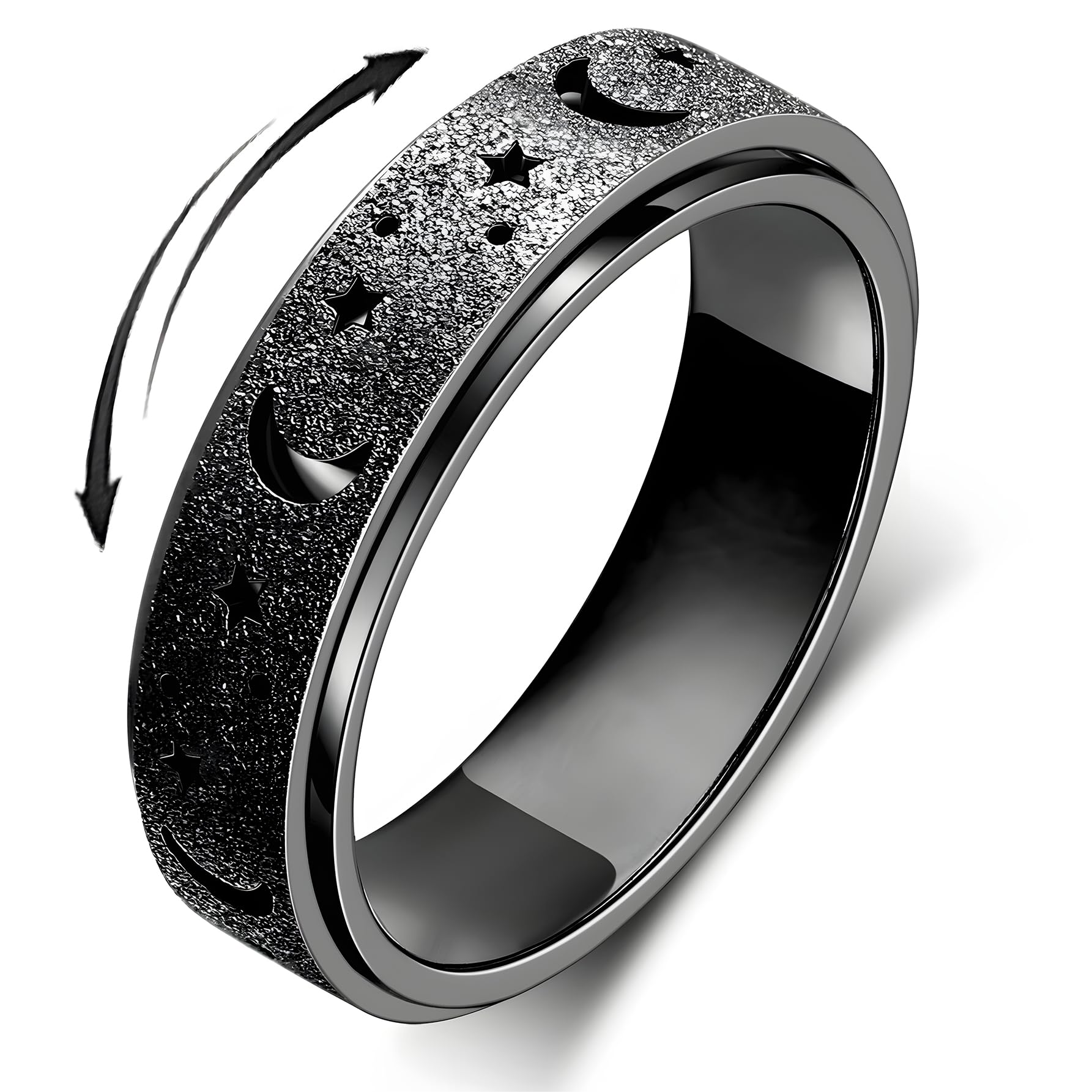 LuckyAmor anxiety ring spinner moon-star 6mm with smooth rotation for mood focus.