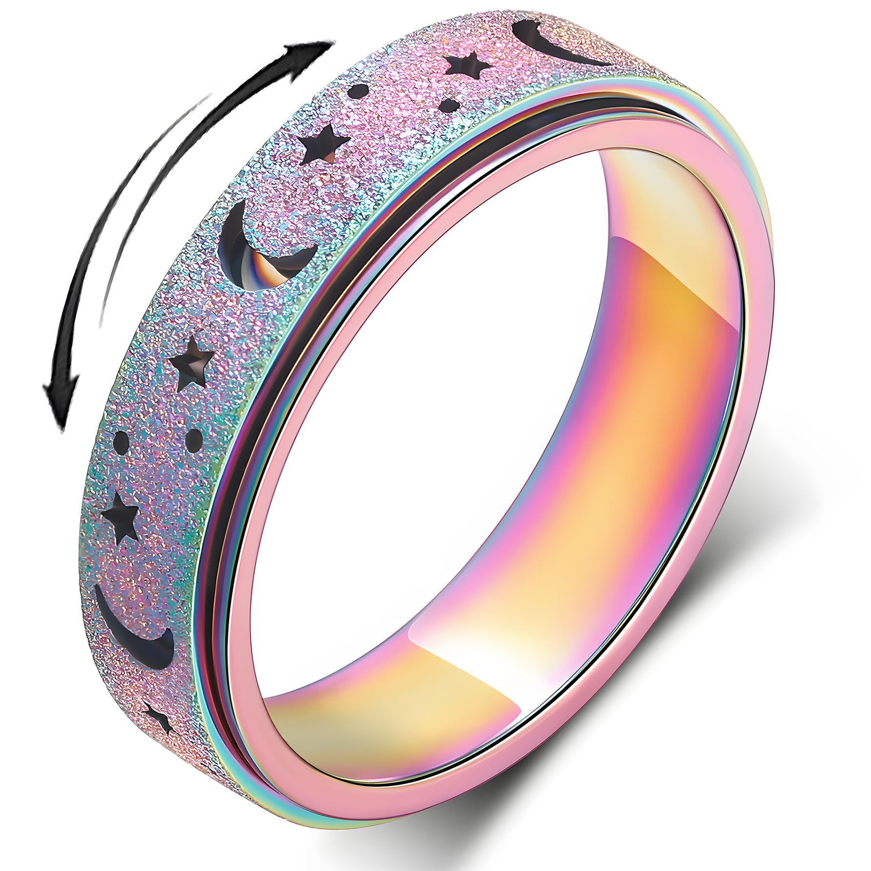 LuckyAmor Moon Star spinner ring front view highlights a sleek 6mm band and stylish details.