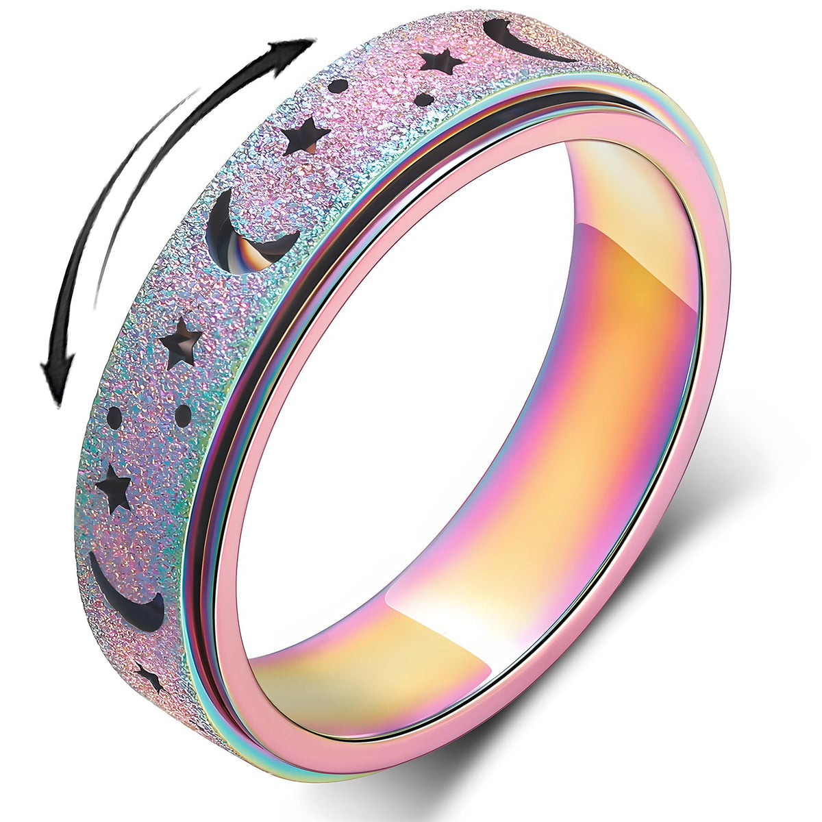 LuckyAmor Moon Star spinner ring front view highlights a sleek 6mm band and stylish details.