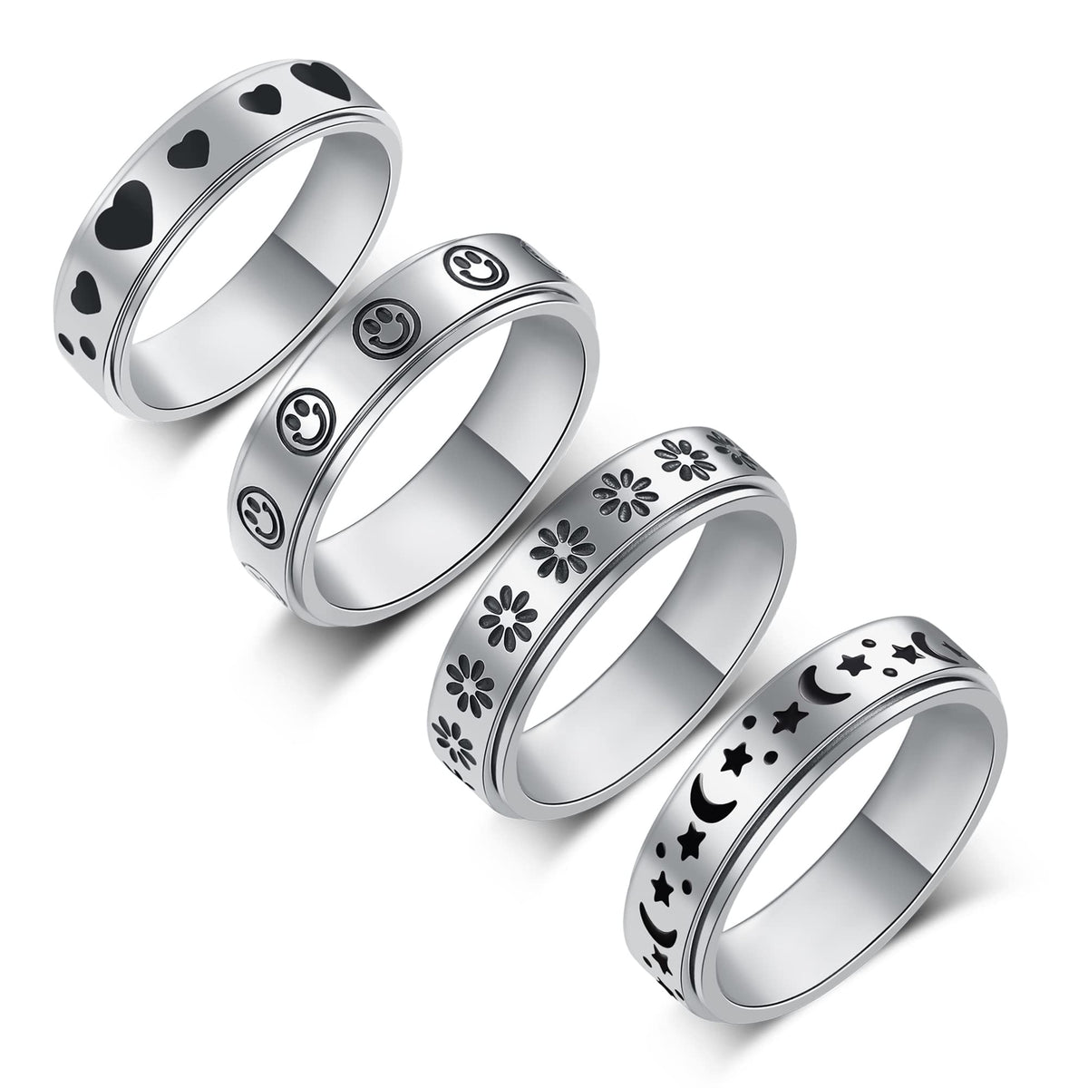 LuckyAmor spinner ring front view with moon and star design for daily focus