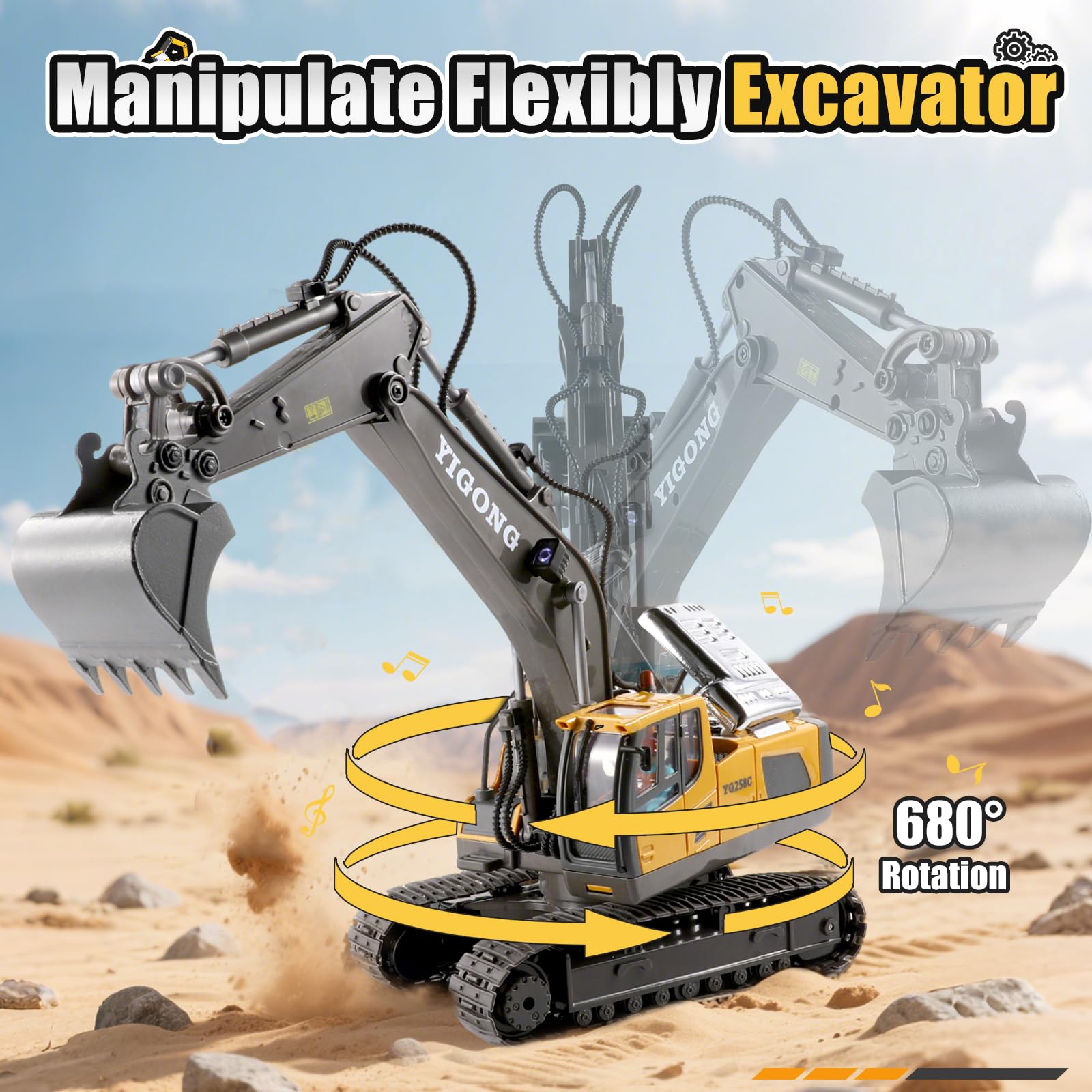 LUDILO RC excavator with LED lights and sound for a realistic construction scene