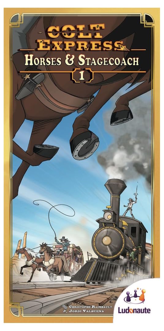 Ludonaute Colt Express Horses & Stagecoach expansion box showcases expansion elements for quick setup.