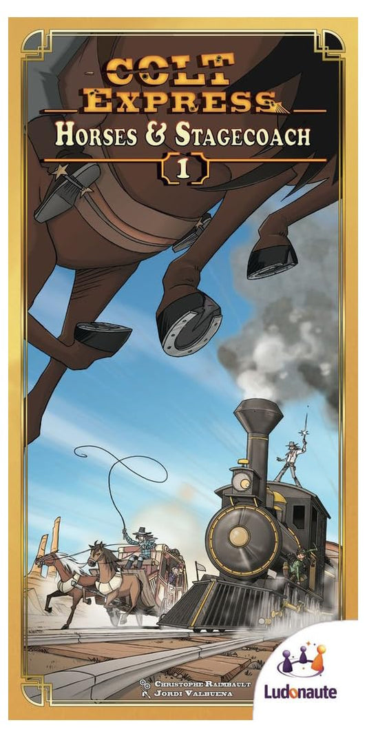 Ludonaute Colt Express Horses & Stagecoach expansion box showcases expansion elements for quick setup.