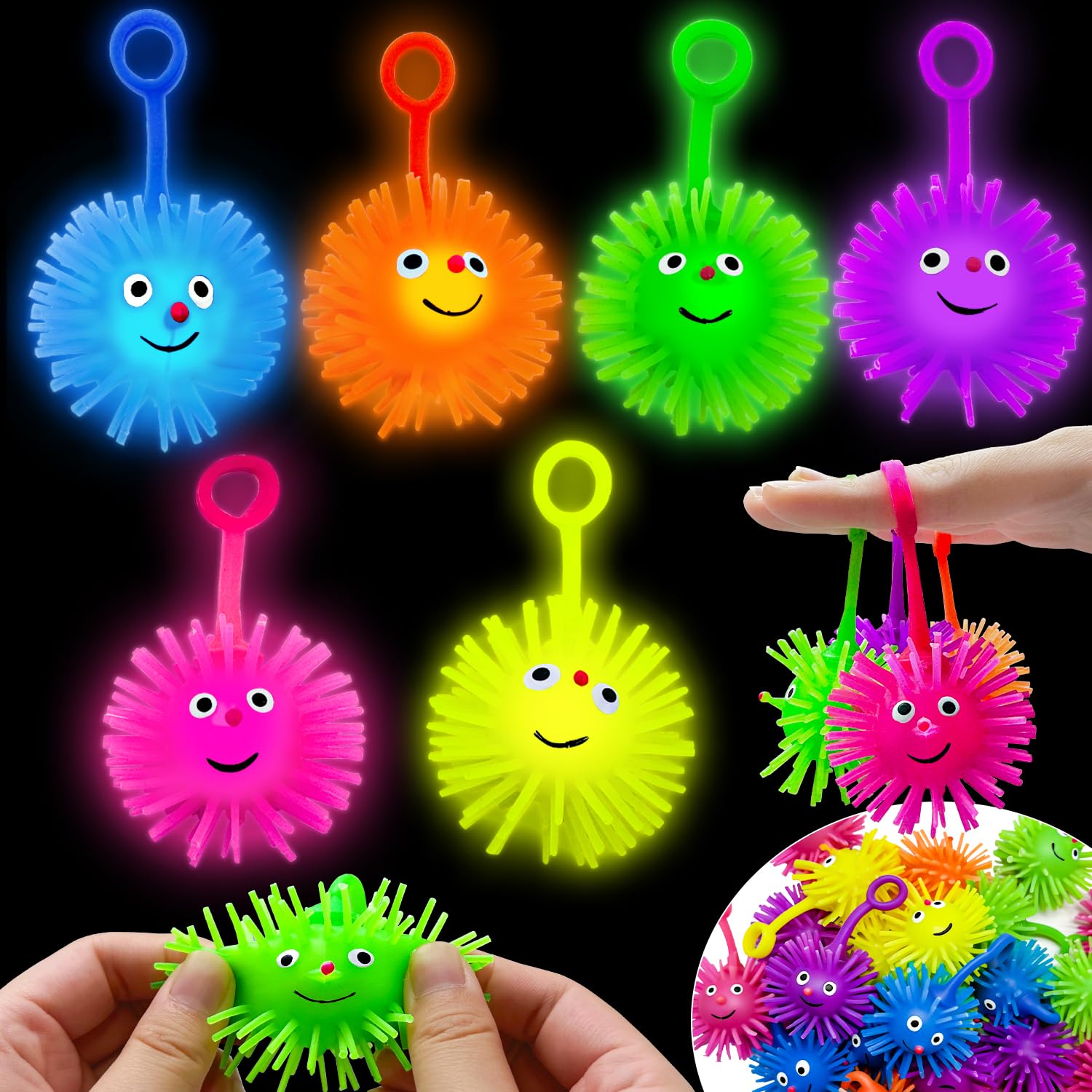 LUKBERA 24-pack LED Puffer Balls glow blue, ideal for classroom color games and night play.