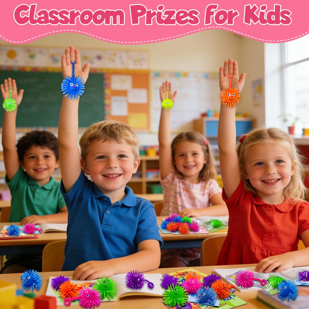 LUKBERA 24-pack LED Puffer Balls glow pink, engaging kids during classroom activities and celebrations.