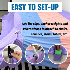 Lukidoki fort clips, anchor weights, and Velcro straps keep the structure stable.