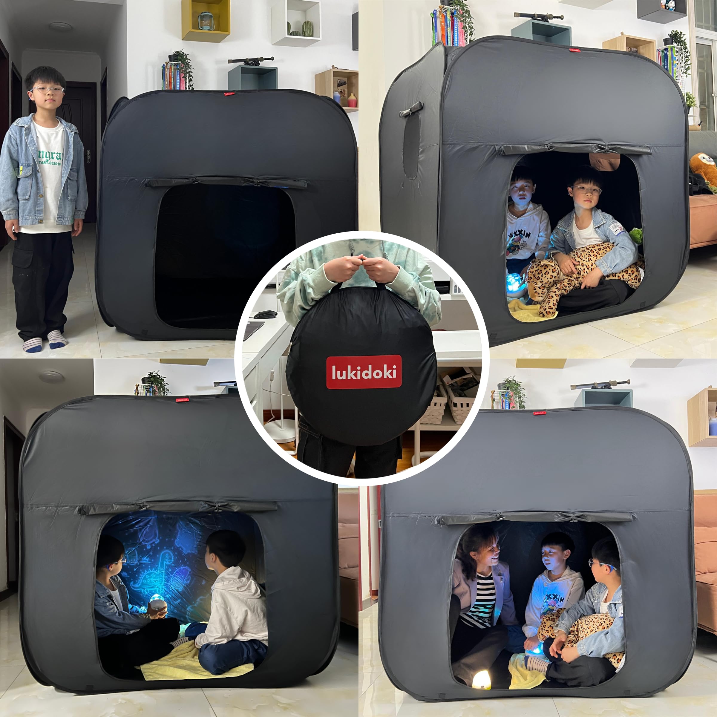 lukidoki sensory tent folds into a compact bag for easy portability