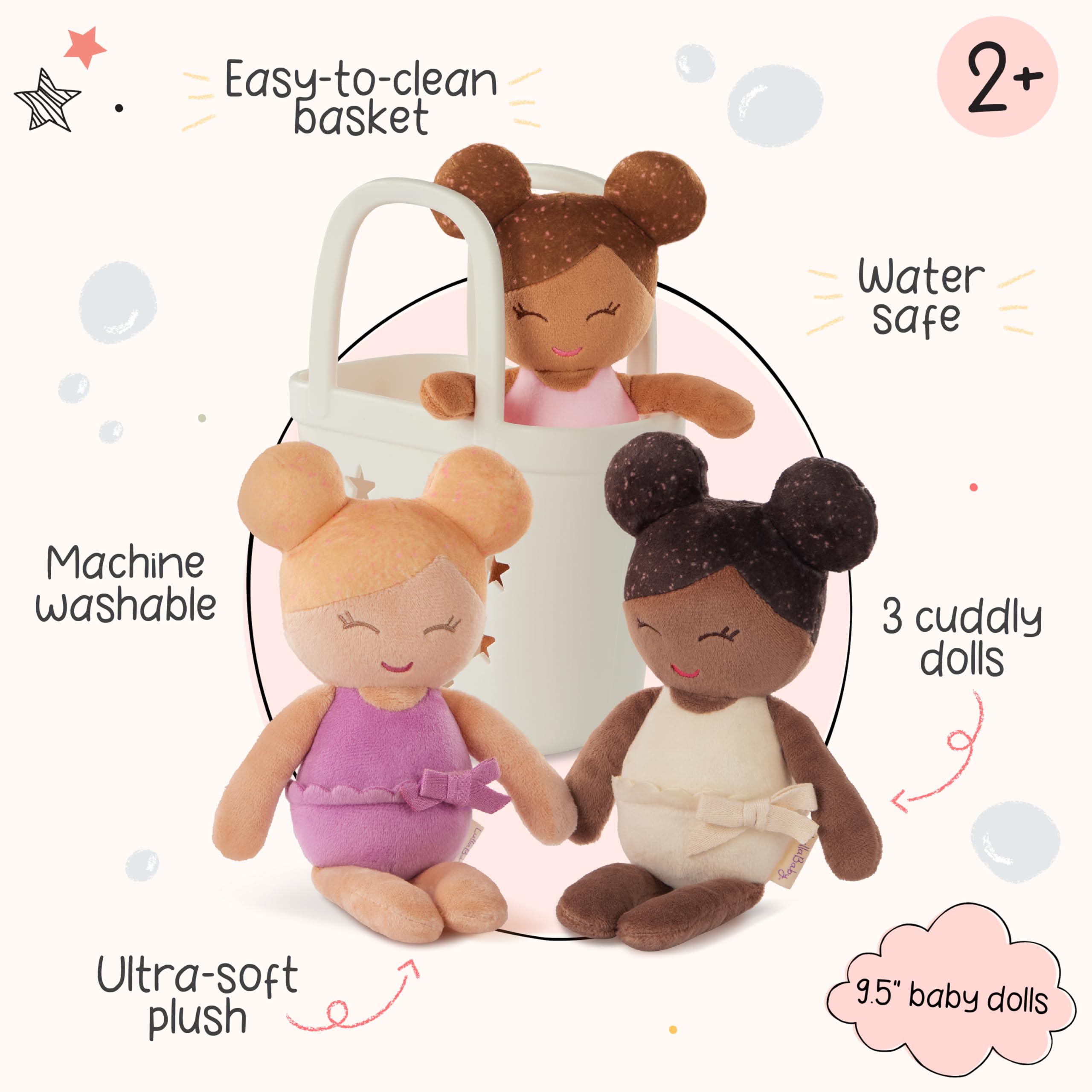 LullaBaby bath play in tub with plush soft dolls for real water interaction.