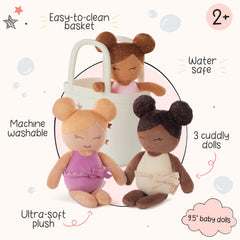 LullaBaby bath play in tub with plush soft dolls for real water interaction.