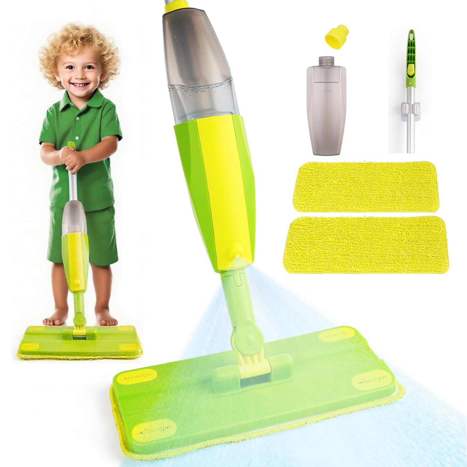 Lullulii Kids Spray Mop in green bottle shows easy, supervised cleaning for toddlers.