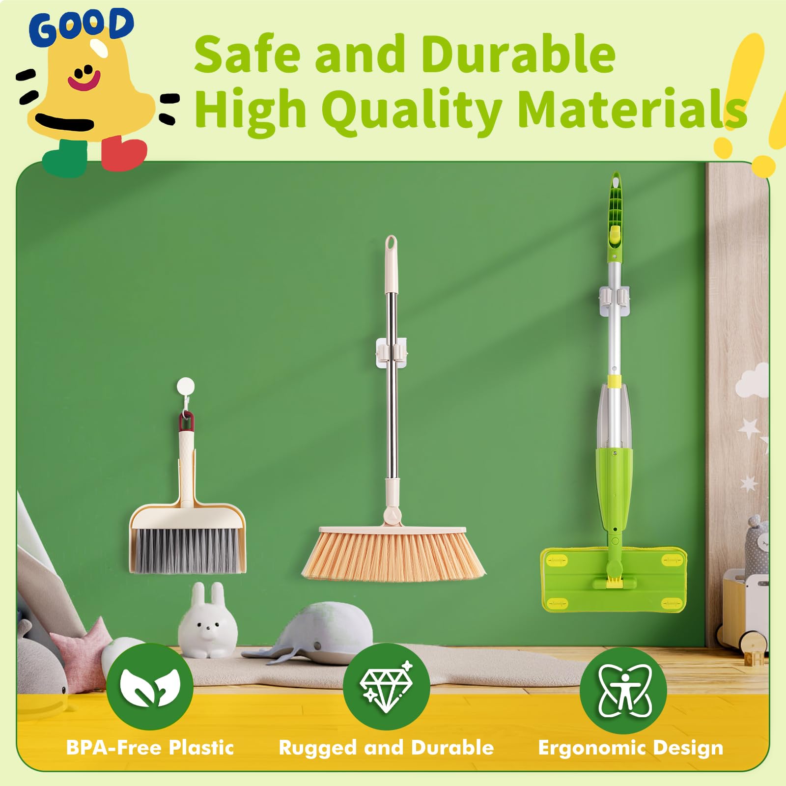 Storage clip on Lullulii kids spray mop for easy height placement