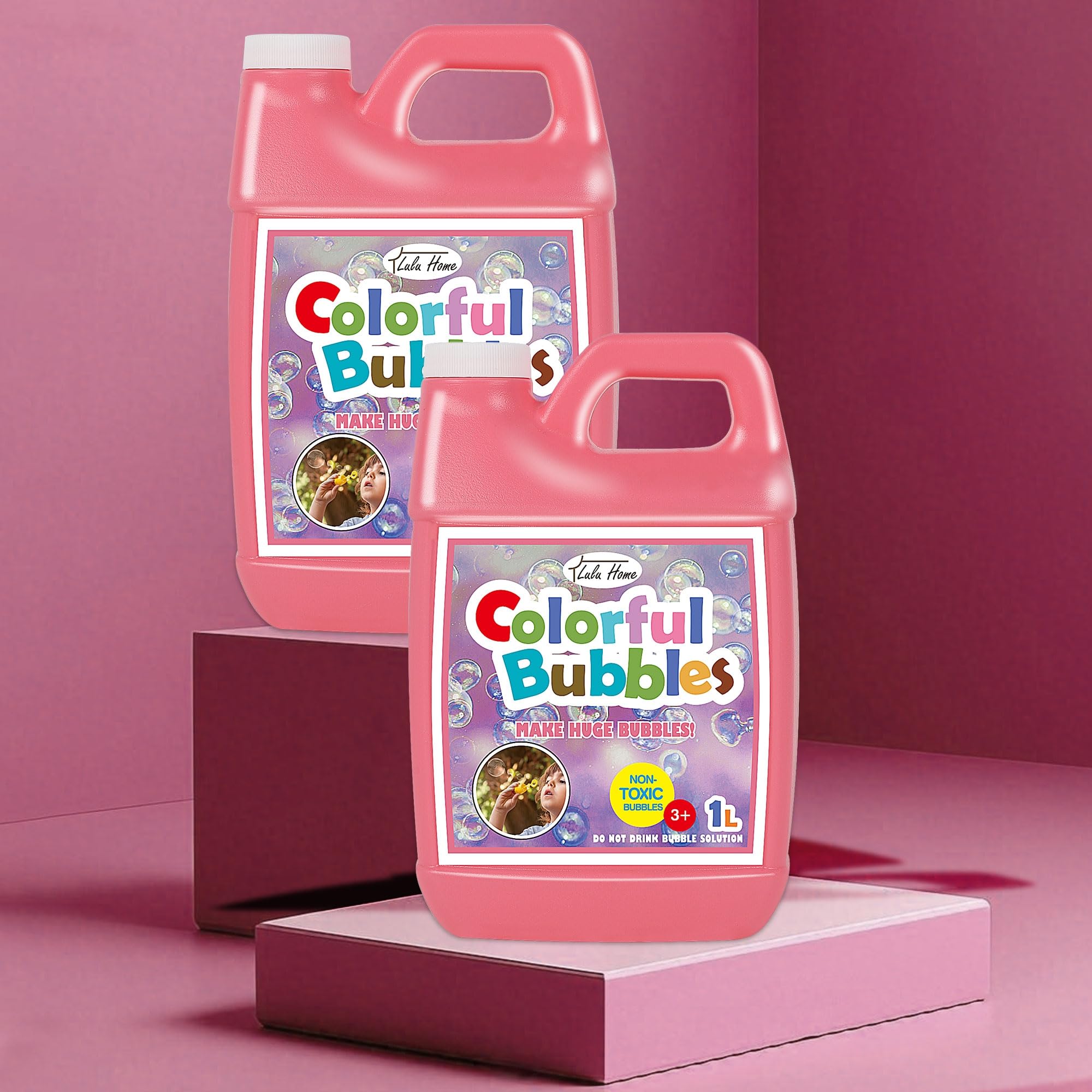 Lulu Home bubble solution near bubble blower and giant wand.