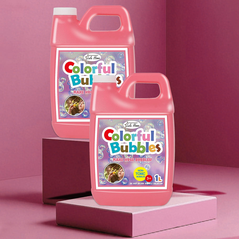 Lulu Home bubble solution near bubble blower and giant wand.