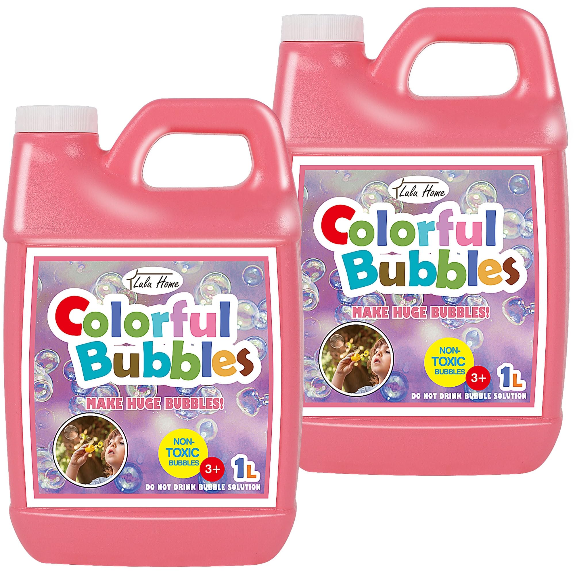 Lulu Home pink bottle bubble solution close-up, safe for kids and easy to refill.