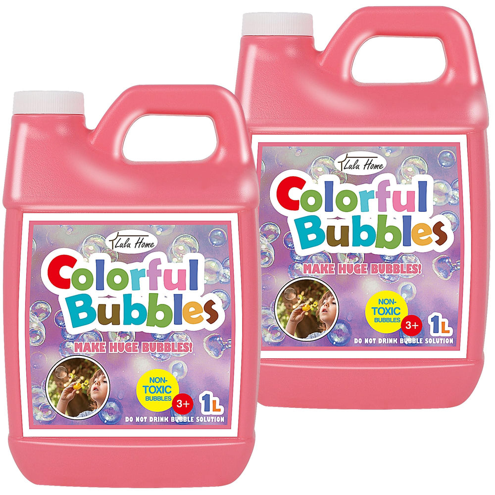 Lulu Home pink bottle bubble solution close-up, safe for kids and easy to refill.