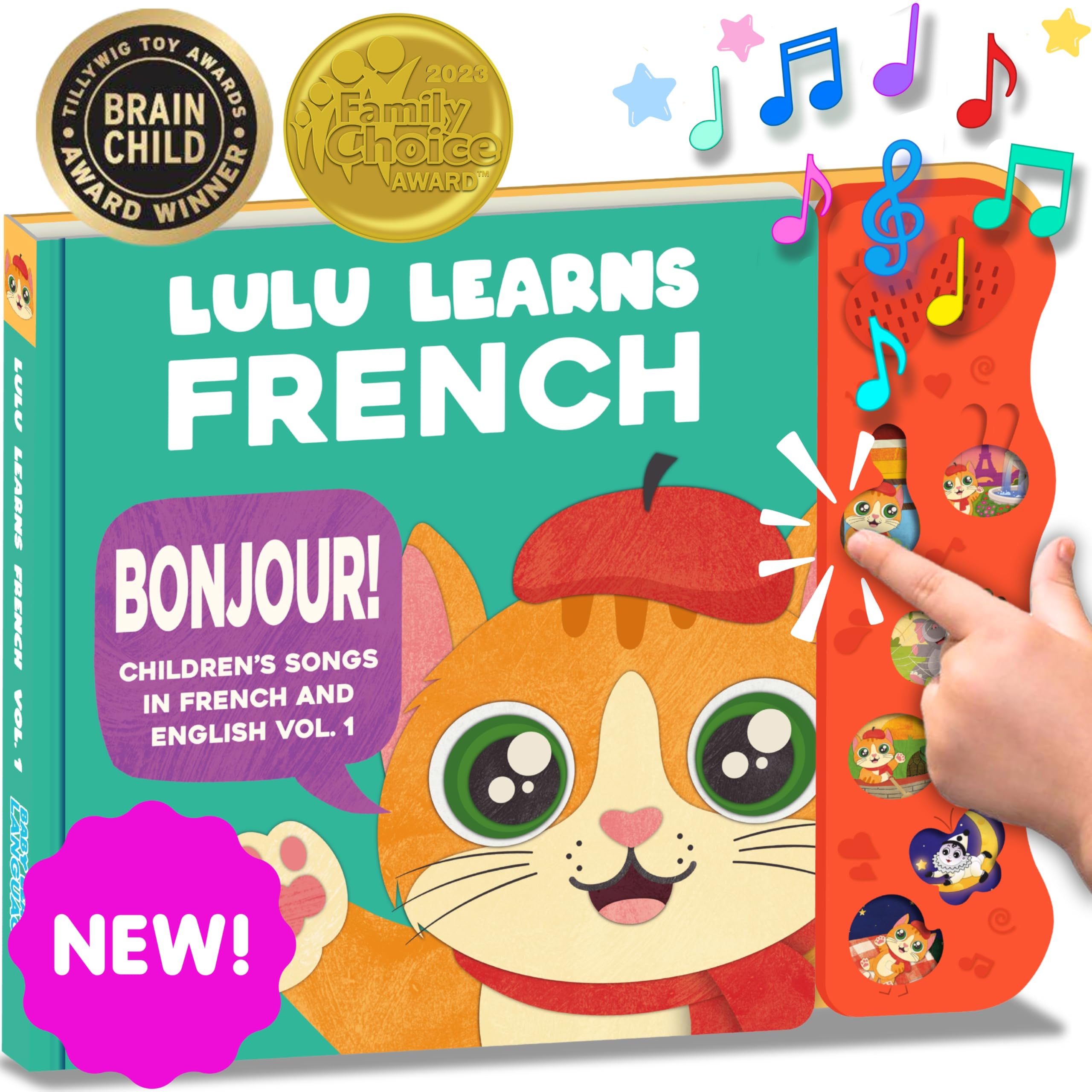 Lulu Learns French baby book cover with colorful illustrations to engage toddlers.