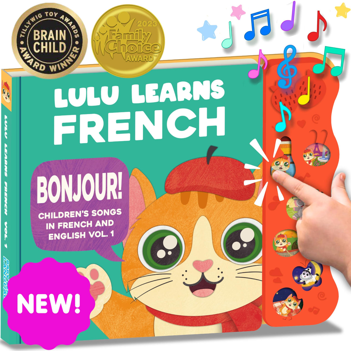 Lulu Learns French baby book cover with colorful illustrations to engage toddlers.