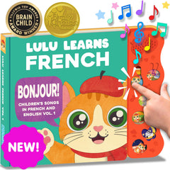 Lulu Learns French baby book cover with colorful illustrations to engage toddlers.