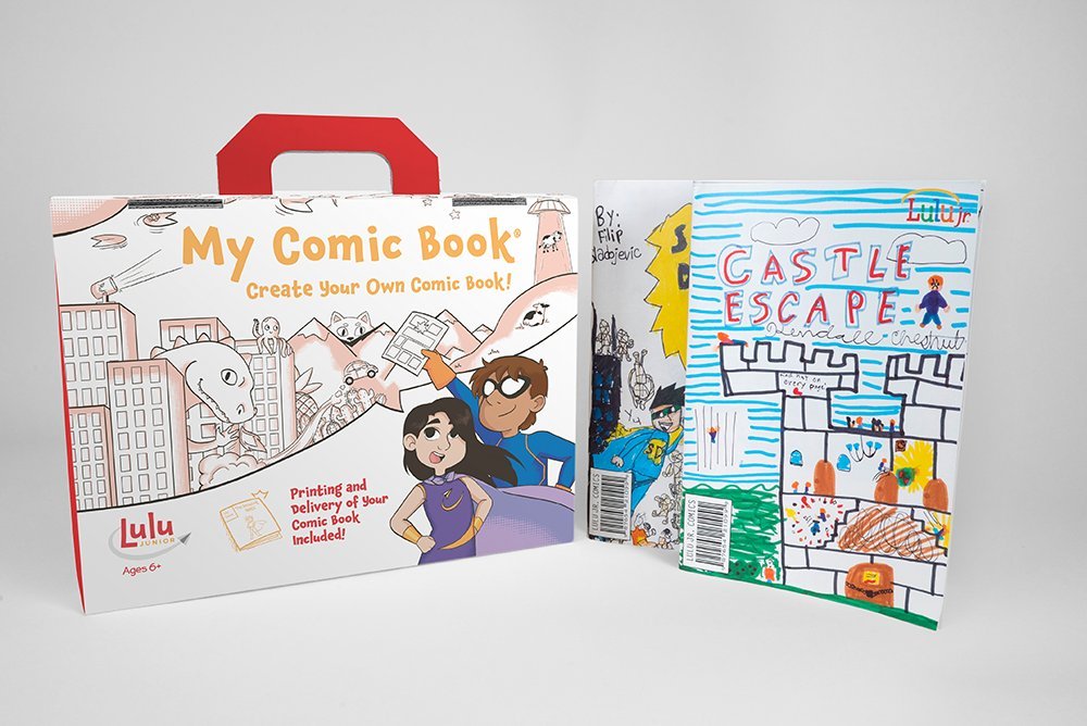 Lulu Jr. My Comic Book kit writing scene shows ideas flowing as children draft dialogue.