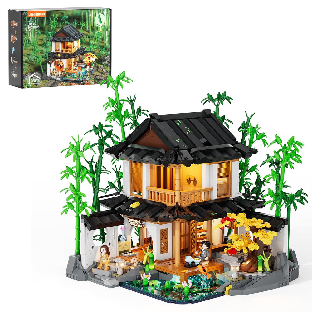 Lumibricks bamboo-house lighting building-bricks-set wide view for elegant shelf display.