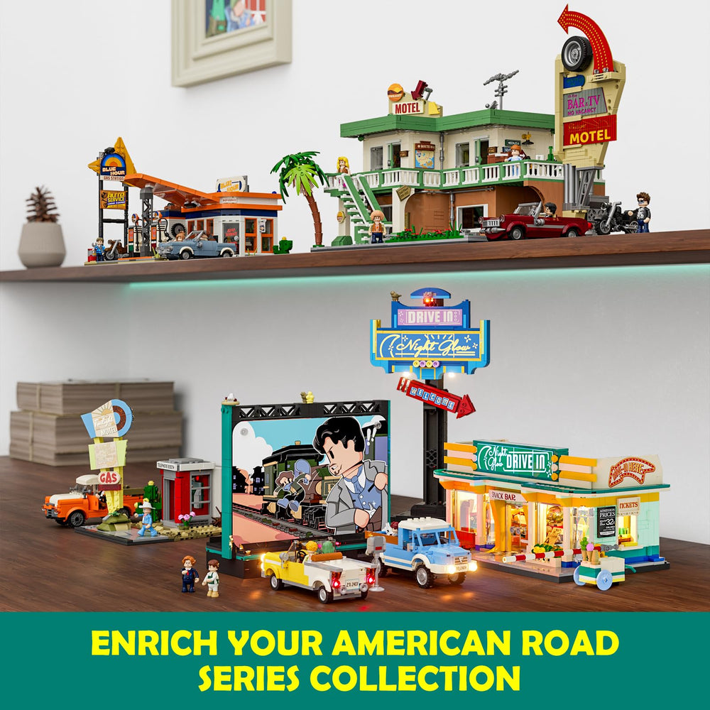 Lumibricks City Drive-in dual-use screen serves as a media stand and display stage.