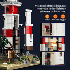 Lumibricks City Sunrise Lighthouse top view, rotating beacon for dynamic night scenes.