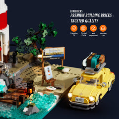 Lumibricks City Sunrise Volkswagen Beetle with minifigures, enhances coastal storytelling.