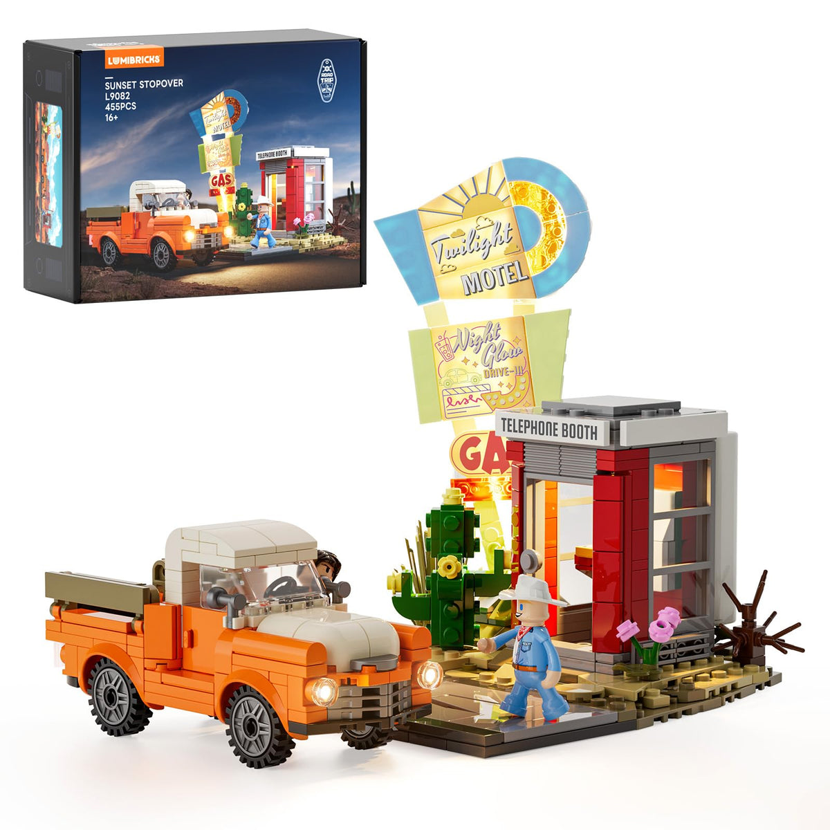 Lumibricks City Sunset-Stopover headlights illuminate the road scene for immersive display