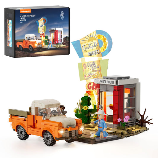 Lumibricks City Sunset-Stopover headlights illuminate the road scene for immersive display