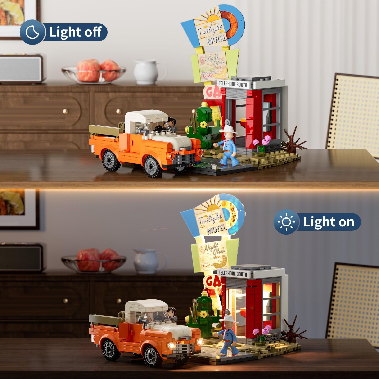 Lumibricks City Sunset-Stopover illuminated sign creates retro ambiance for display