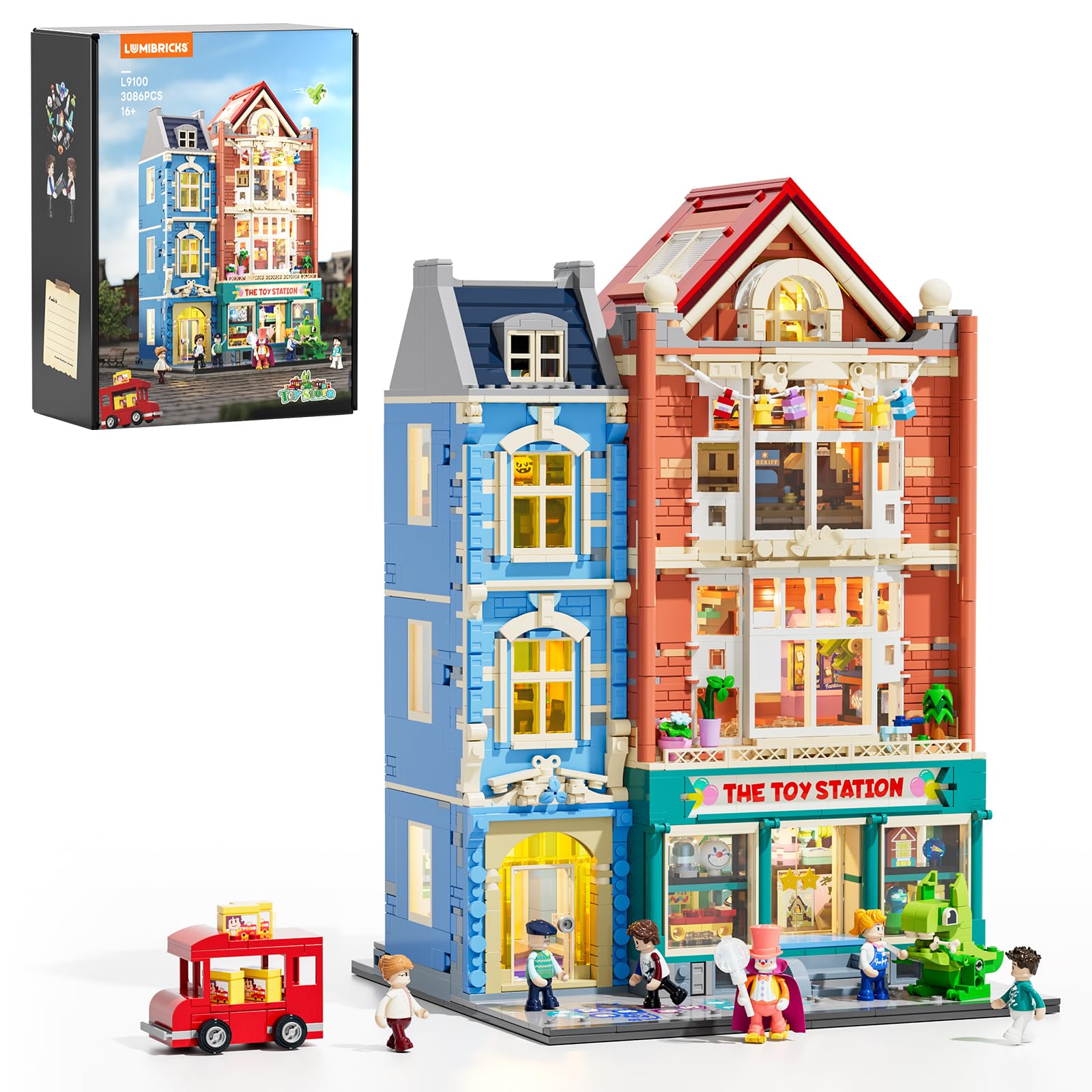 Lumibricks city town toy shop front with warm LED accents for cozy display.