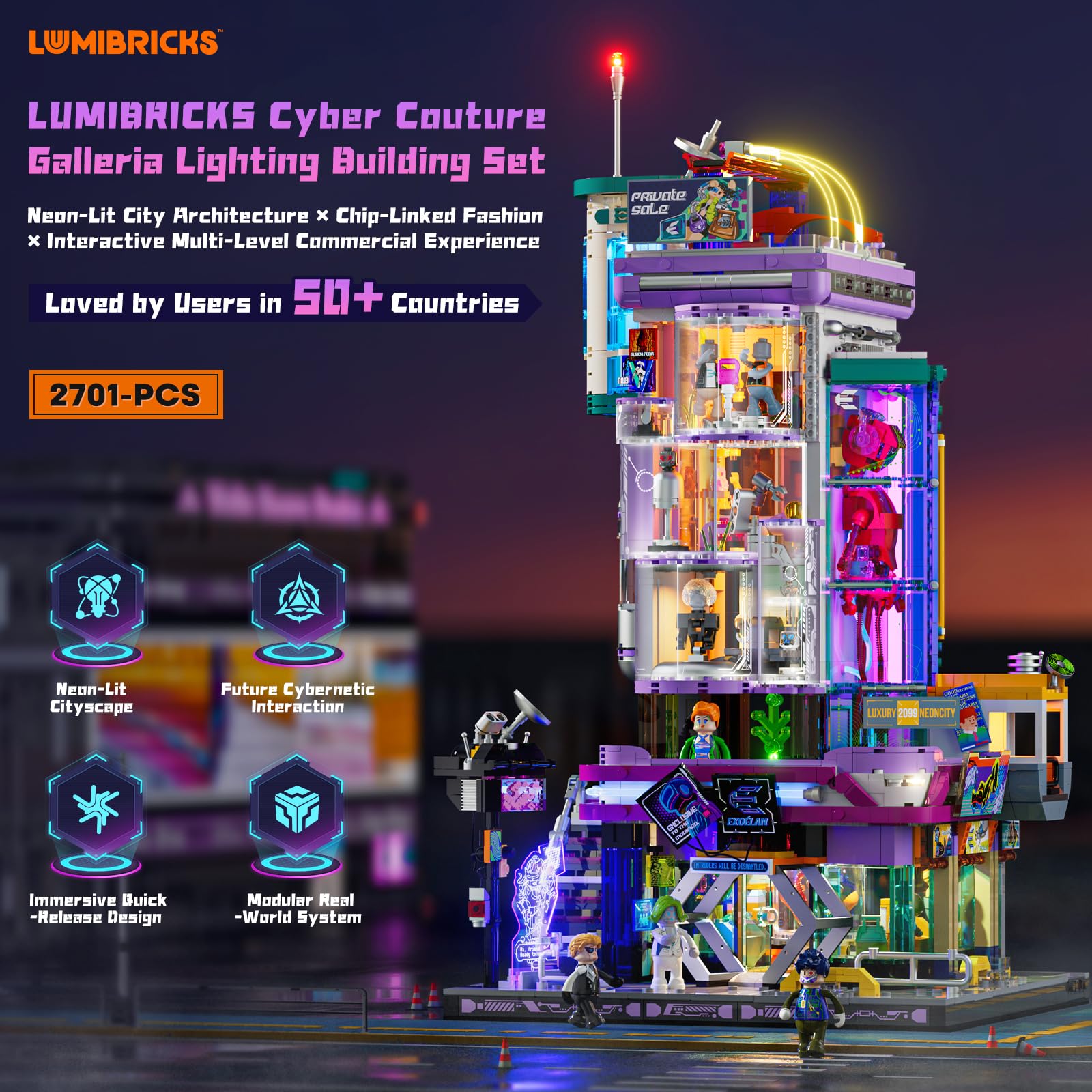 Lumibricks Cyber Couture Galleria night view shows vibrant color shifts for dioramas
