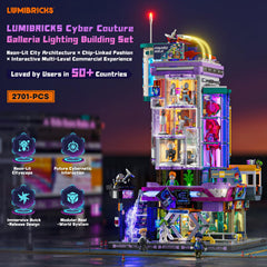 Lumibricks Cyber Couture Galleria night view shows vibrant color shifts for dioramas