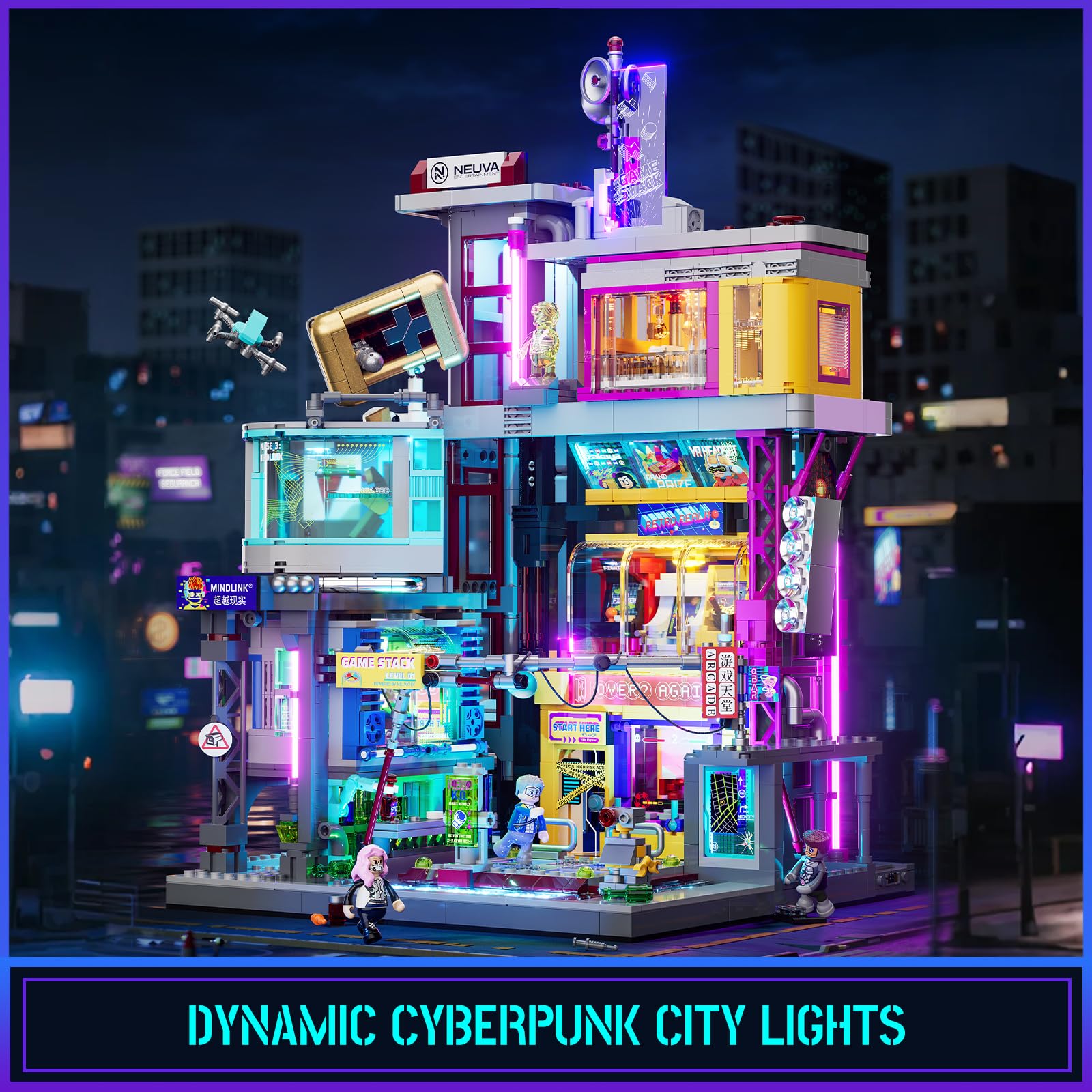 Lumibricks Cyberpunk 23 light points with neon signs enhance ambiance.