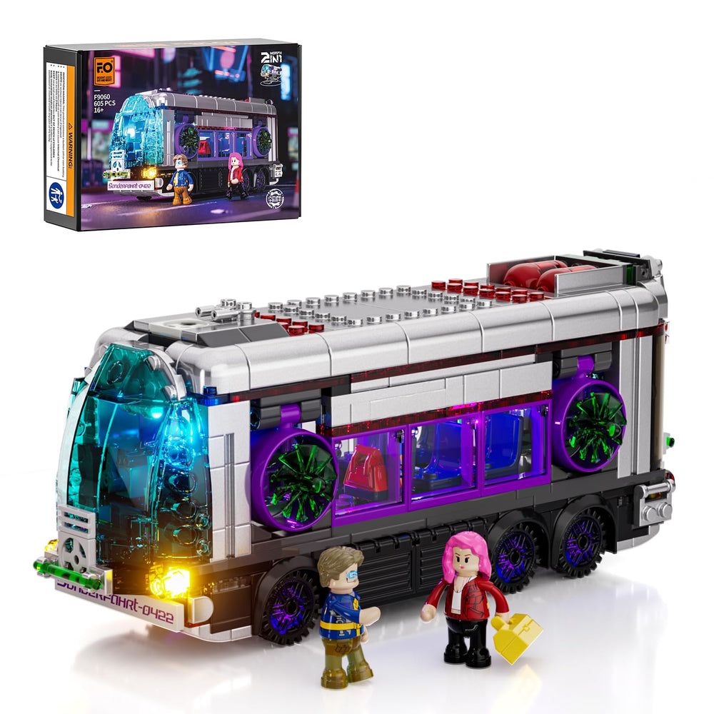 Lumibricks Cyberpunk Future-Bus in ground-drive mode for display and play