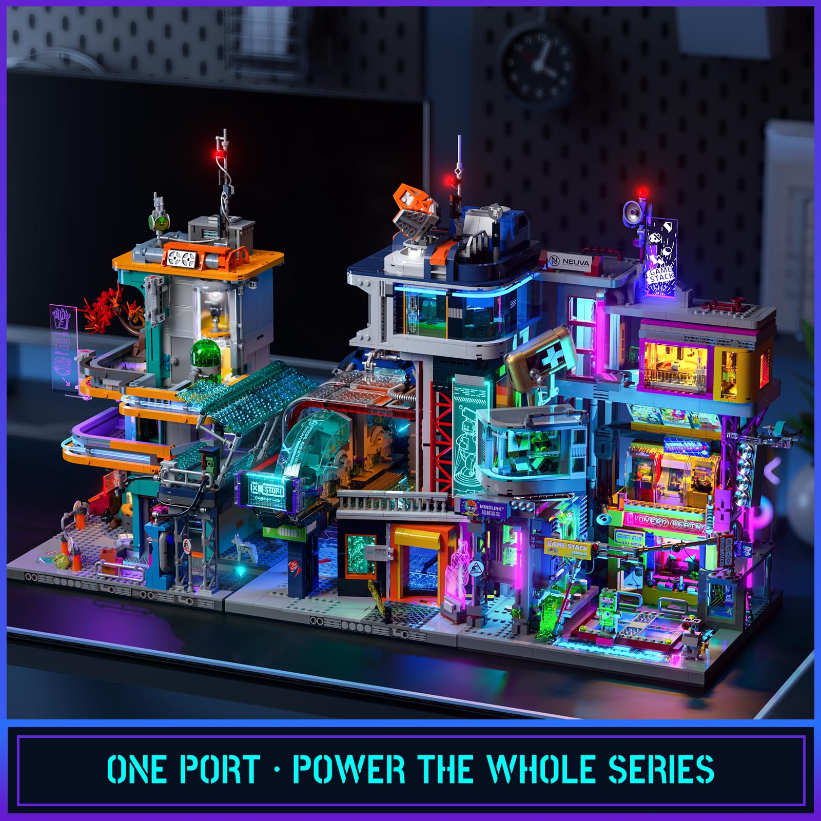 Lumibricks Cyberpunk modular lighting system powers a cohesive neon city.